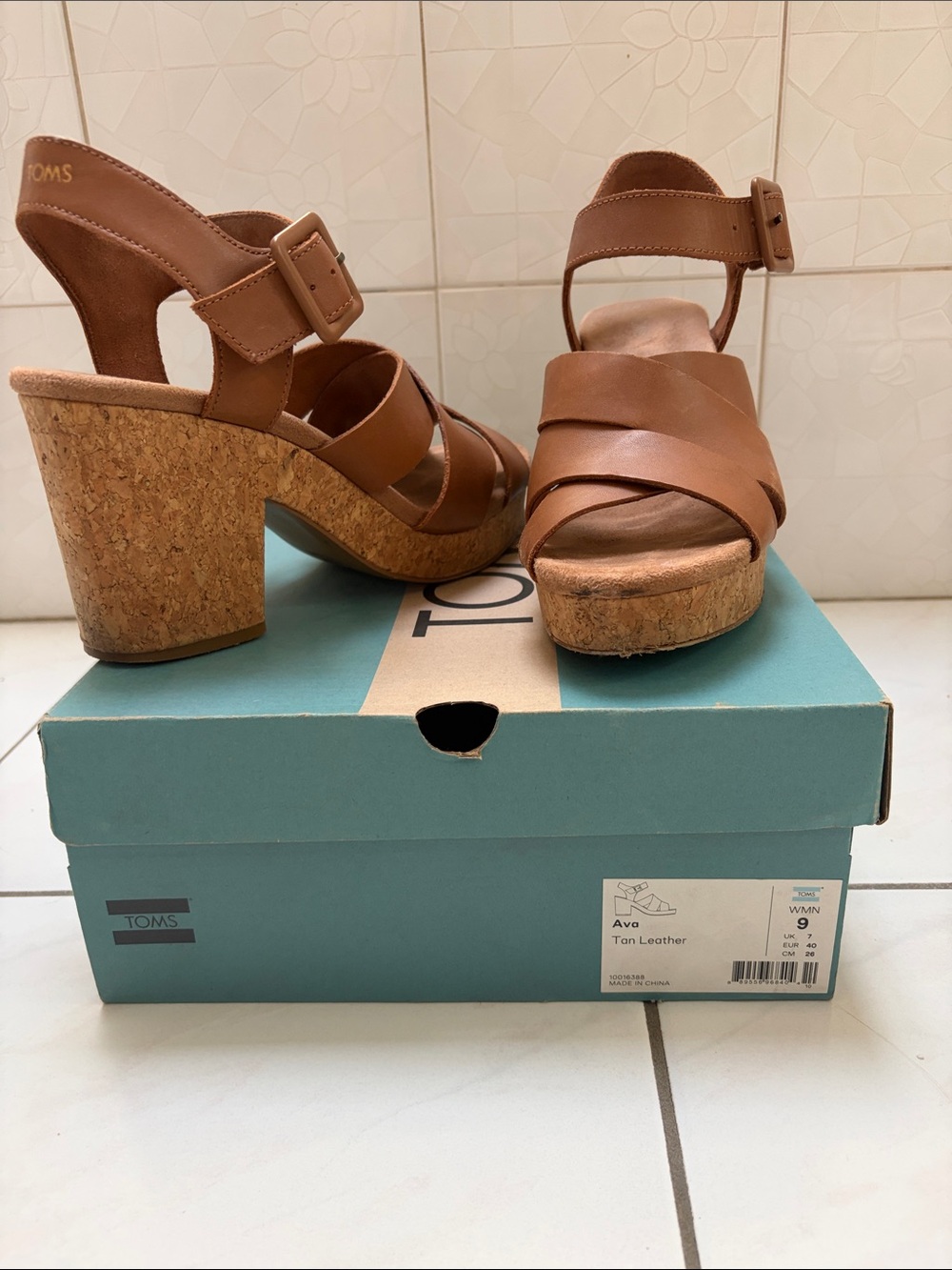 TOMS Brown Leather Cork Platform Heels